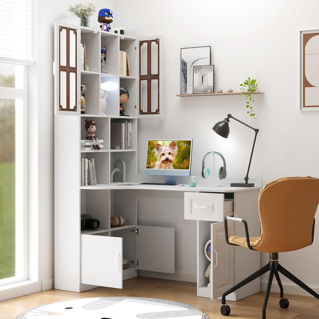 ZeHuoGe L-Shaped Corner Computer Desk for Home Office or Study Desk, Study Modern Style Table with Drawers, Bookshelf & Hutch, 2-in-1 L-Shaped Design, Large Working Space (White)
