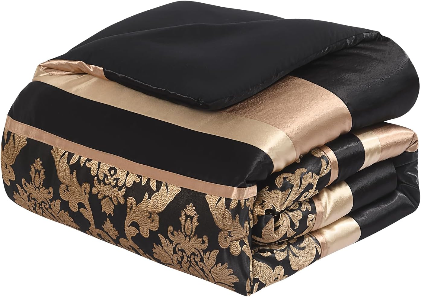Finlonte Black Gold Comforter Set Queen Size - Luxury Jacquard Floral 7-Piece Silky Bed in a Bag, Vintage Patchwork All Season Down Alternative Bedding Set with Matching Pillows, Shams, Bed Skirt