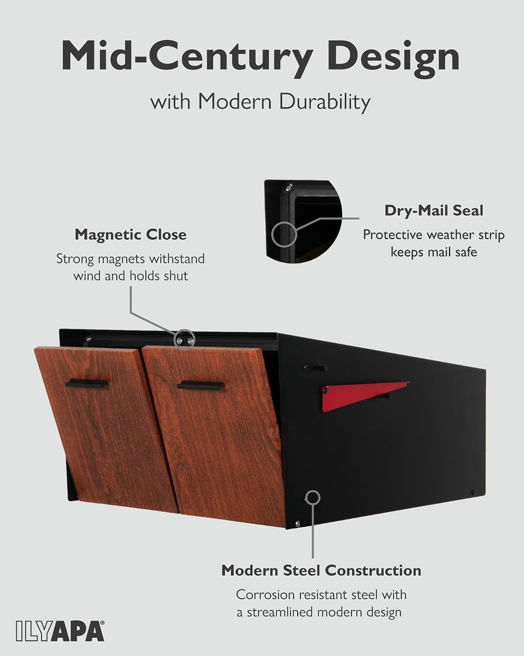 Ilyapa Black Double Mailbox, Post Mount Mailboxes for Outside- Two Sided Mail Box for 2 Houses with Standard Single Mounting, Door Numbering Kit, Outdoor All Weather with Magnetic Doors