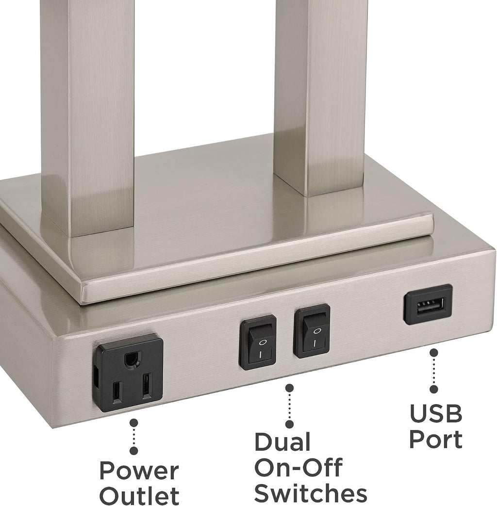 Possini Euro Design Amity Modern Table Lamp 26' High with USB and AC Power Outlet in Base Brushed Nickel White Linen Hardback Shade for Bedroom Living Room House Home Desk Bedside Nightstand Office