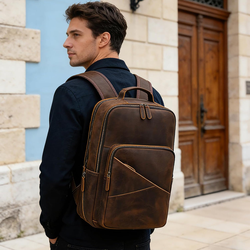 Vintage Full Grain Leather Backpack for Men, 16' Laptop Rucksack For Men Hiking Trave Work Business Bag, Brown