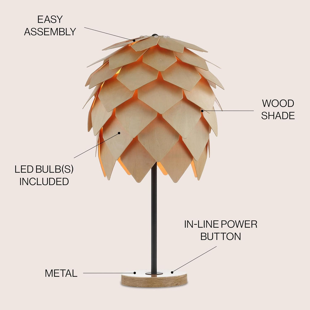 JONATHAN Y 20.5' Natural and Black Pinecone Wood and Metal LED Table Lamp, Contemporary Organic Modern Scandinavian Desk Lamp for Living Room Bedroom, LED Bulb Included JYL6123A