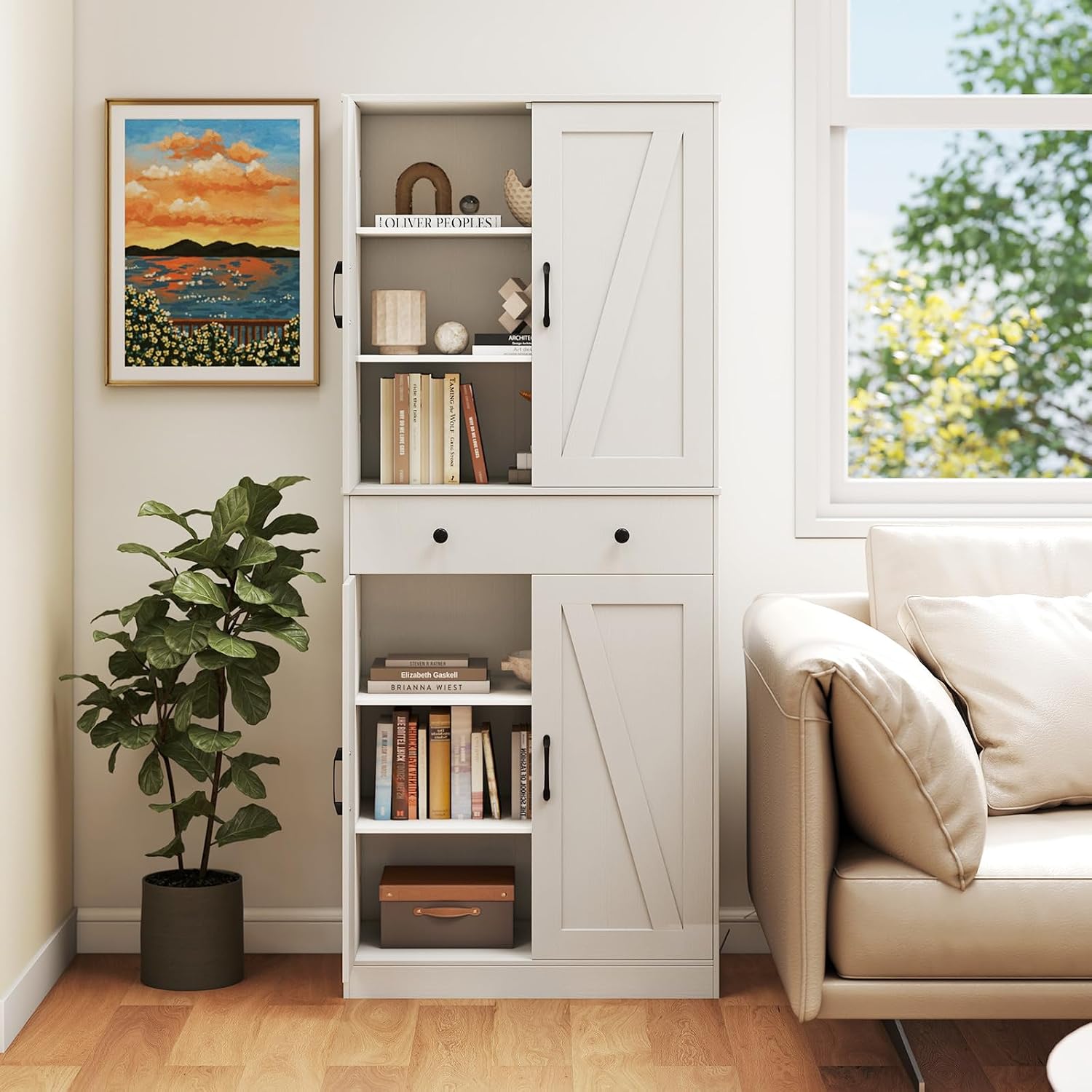 Giantex 72' Tall Kitchen Pantry Cabinet, Modern Farmhouse Pantry Storage Cabinet with 4 Barn Doors, Adjustable Shelves & Drawer, Buffet Cupboard with Living Room, Dining Room, Bathroom, White
