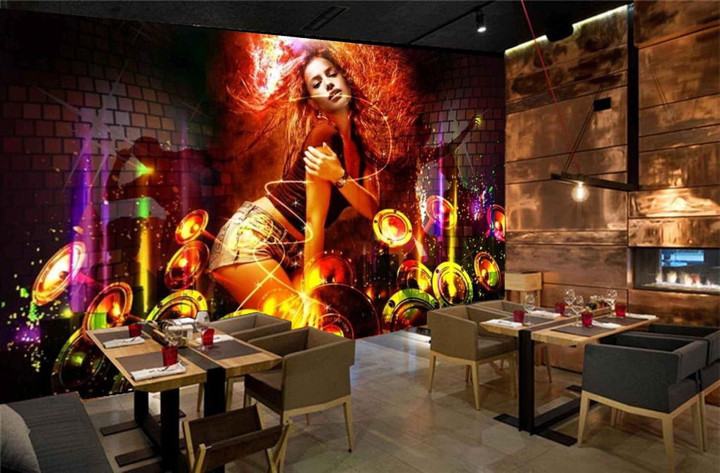 MWZ3485 Musical Instruments Girl Dj HD 3D Wallpaper for Disco Club Karaoke[16 ft x 10 ft] / [488 cm x 305 cm]