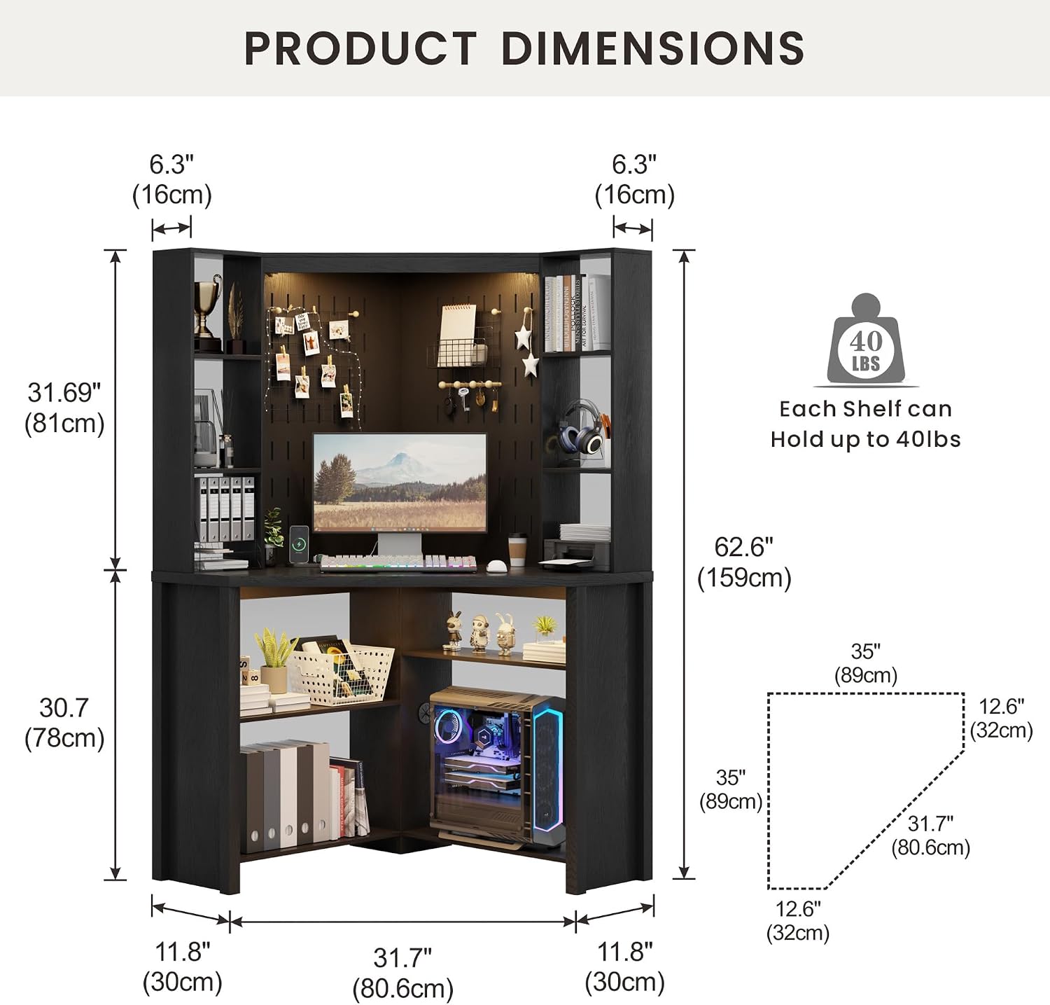 Corner Desk with - LED Reading Light, L-Shaped Computer Desk w/Hutch & Shelves, Home Office Desk w/Charging Station for Work & Study, File Cabinet Storage Bookshelf for Small Space (Black)