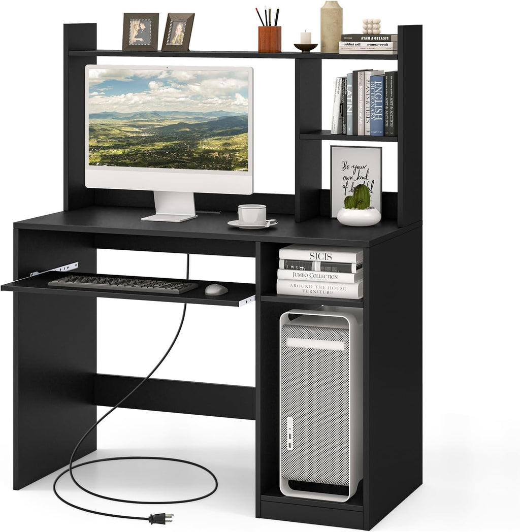 Tangkula Computer Desk with Storage Hutch & Charging Station, Home Office Study Writing Desk with Bookshelf, Keyboard Tray & CPU Stand, Modern Laptop PC Desk, Computer Workstation for Study, Bedroom