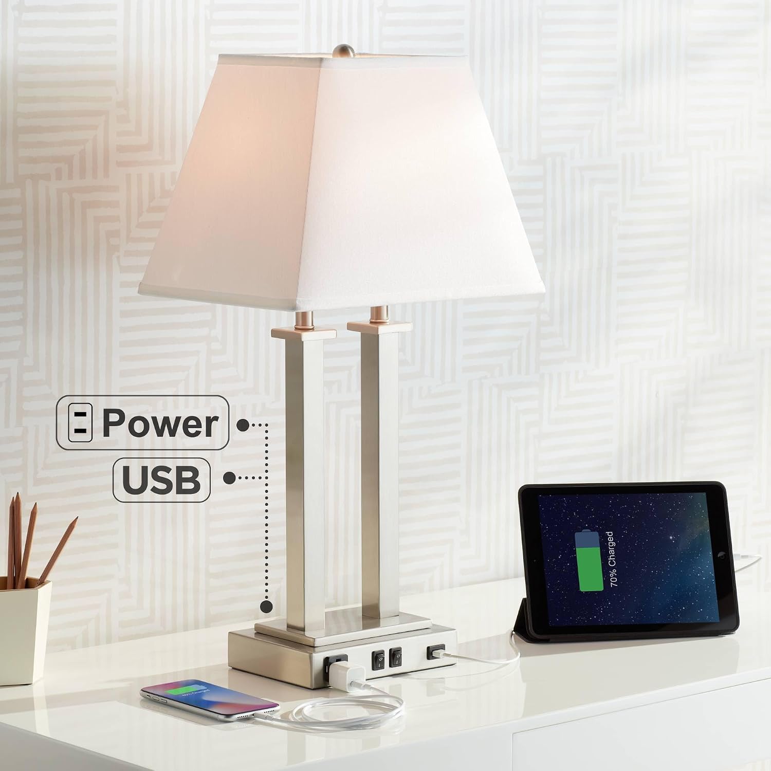 Possini Euro Design Amity Modern Table Lamp 26' High with USB and AC Power Outlet in Base Brushed Nickel White Linen Hardback Shade for Bedroom Living Room House Home Desk Bedside Nightstand Office