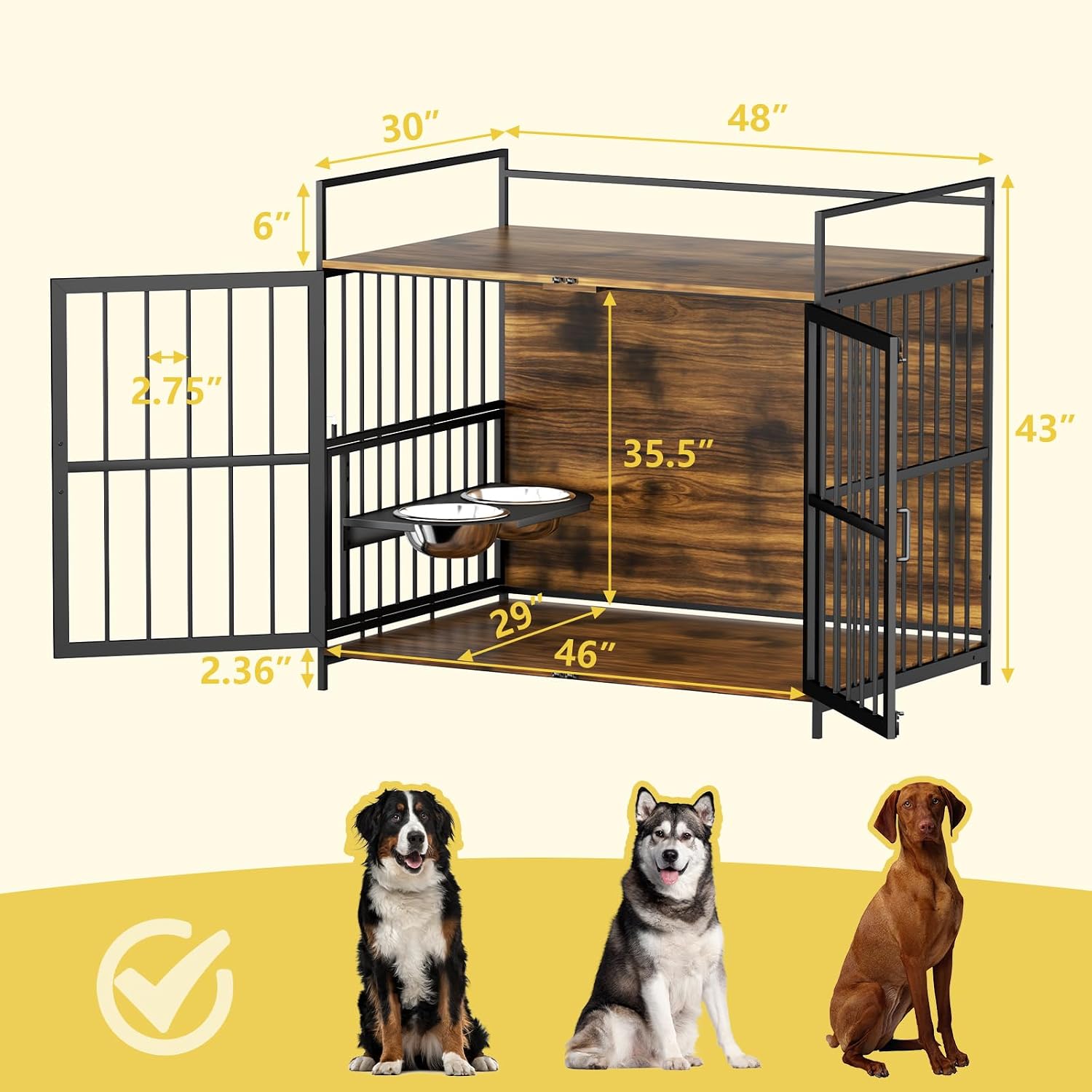 ROOMTEC Dog Crate Furniture-Style Cages for Large Dogs Indoor Heavy Duty Super Sturdy Dog Kennels with 2 Stainless Steel Bowls (48Inch = Int.dims: 46' W x 29' D x 35.5' H)