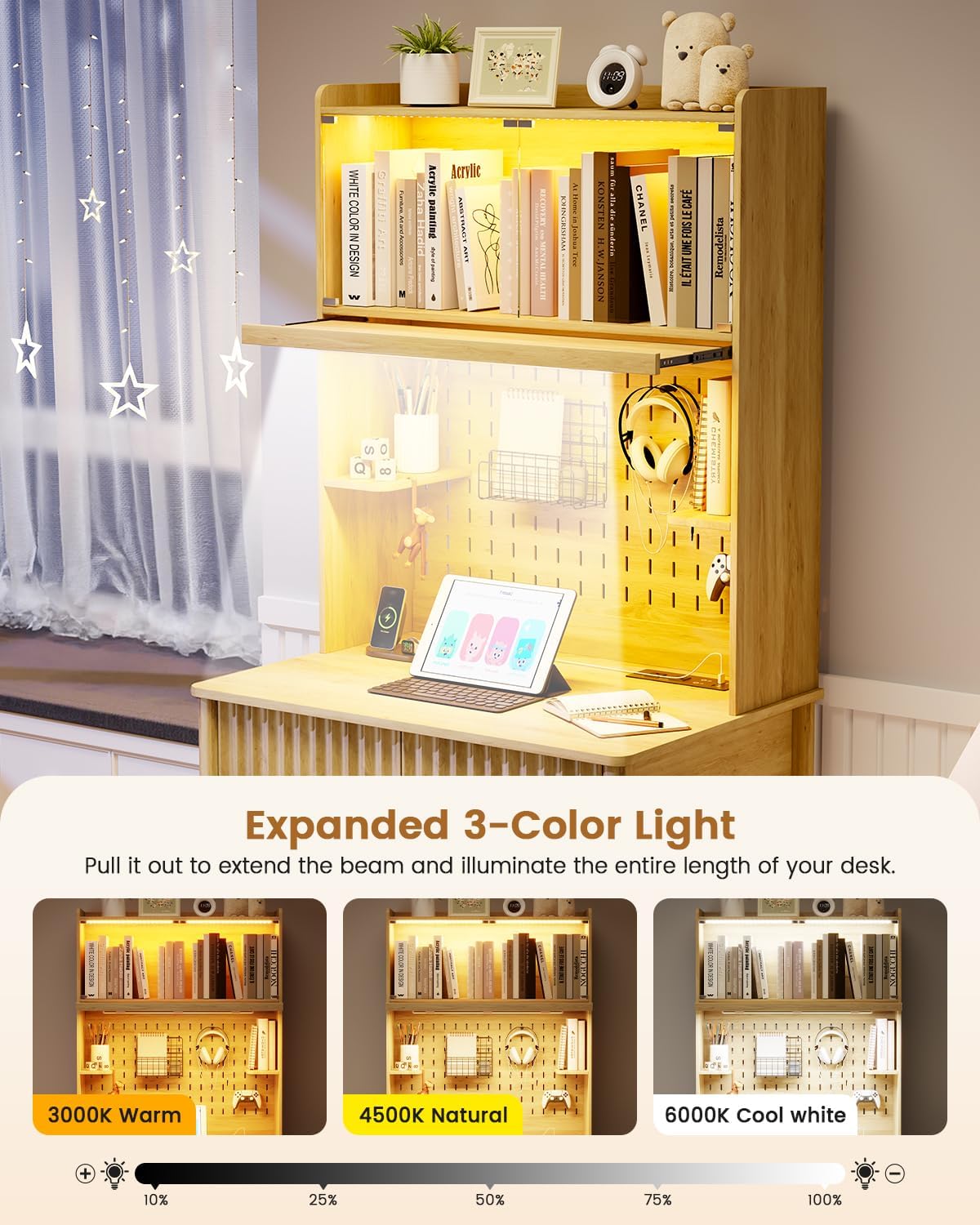 HNEBC Natural Computer Desk - with Power Outlets & Chariging Station,Small Writing Desk with Hutch and Drawers,66.3''H Office Desk with Pull-Out LED Lights,Pop-up Glass Door,Pegboards,Bedroom