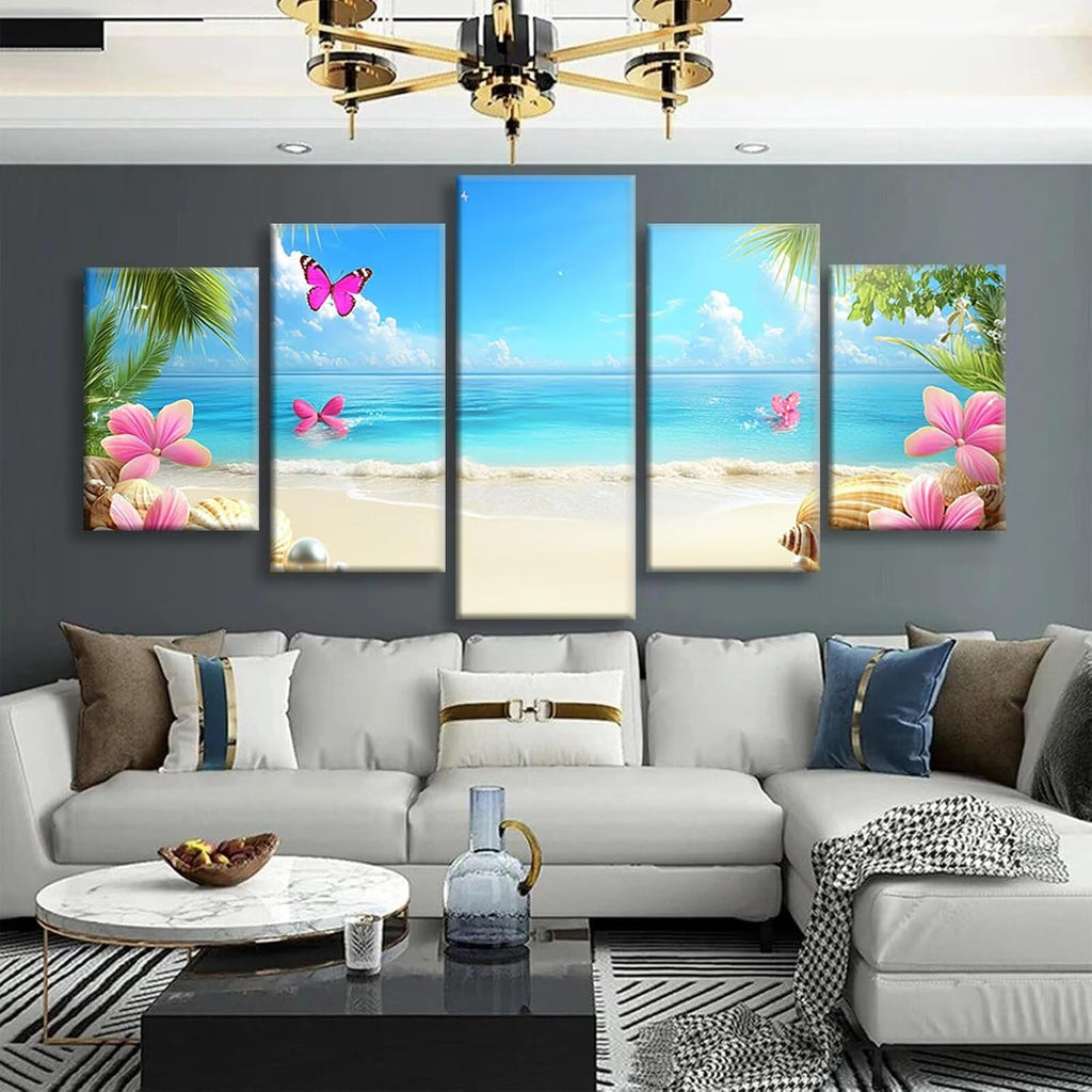 Beach Diamond Art 5 Piece Diamond Painting Landscape 5D DIY Full Square Drill Dimond Art Paintings Crystal Crafts for Adults Gem Painting for Home Decor, Large Artwork for Wall 60 x 120 Inch, Model288