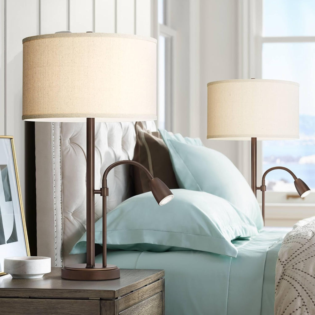 Possini Euro Design Traverse 29' Tall Modern Set of 2 Table Lamps with USB Ports A+C Charging Gooseneck LED Bronze Oatmeal Shade for Living Room Bedroom House Bedside Nightstand Home Office