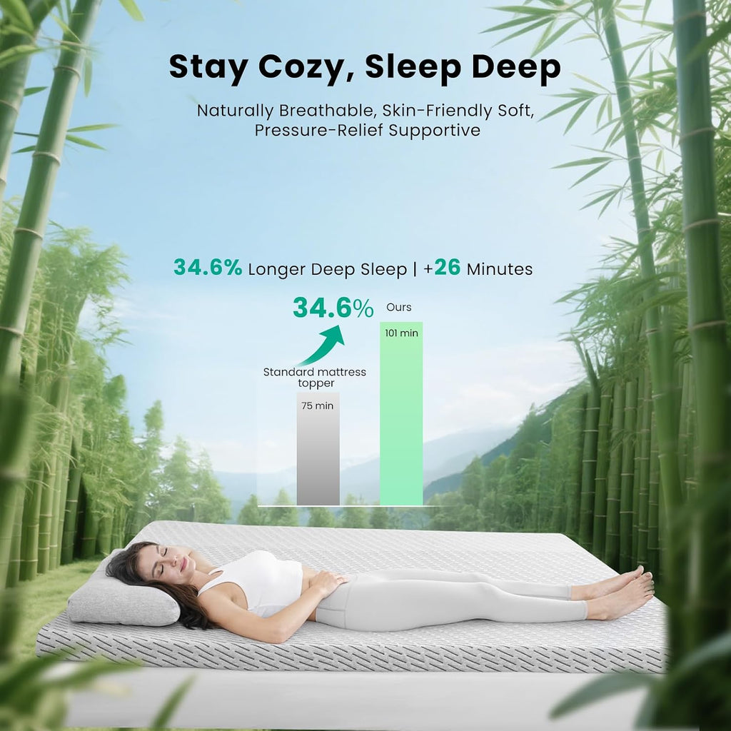 HOMRELEXA Bamboo Mattress Topper Queen Size 4 Inch, Cooling Gel & Bamboo Charcoal Memory Foam Mattress Topper for Back Pain Relief, Firm Dual-Layer Foam Bed Pad with Removable Cover
