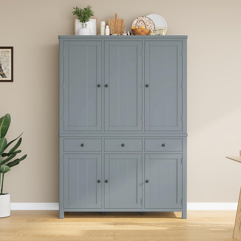 Farmhouse 74.8''H High Freestanding Kitchen Pantry, 53''Lx20''W Wooden Large Cupboard Storage Cabinet with Door Shelves, Adjustable Shelves, Pull-Out Trays and Drawers (Gray-6ds)