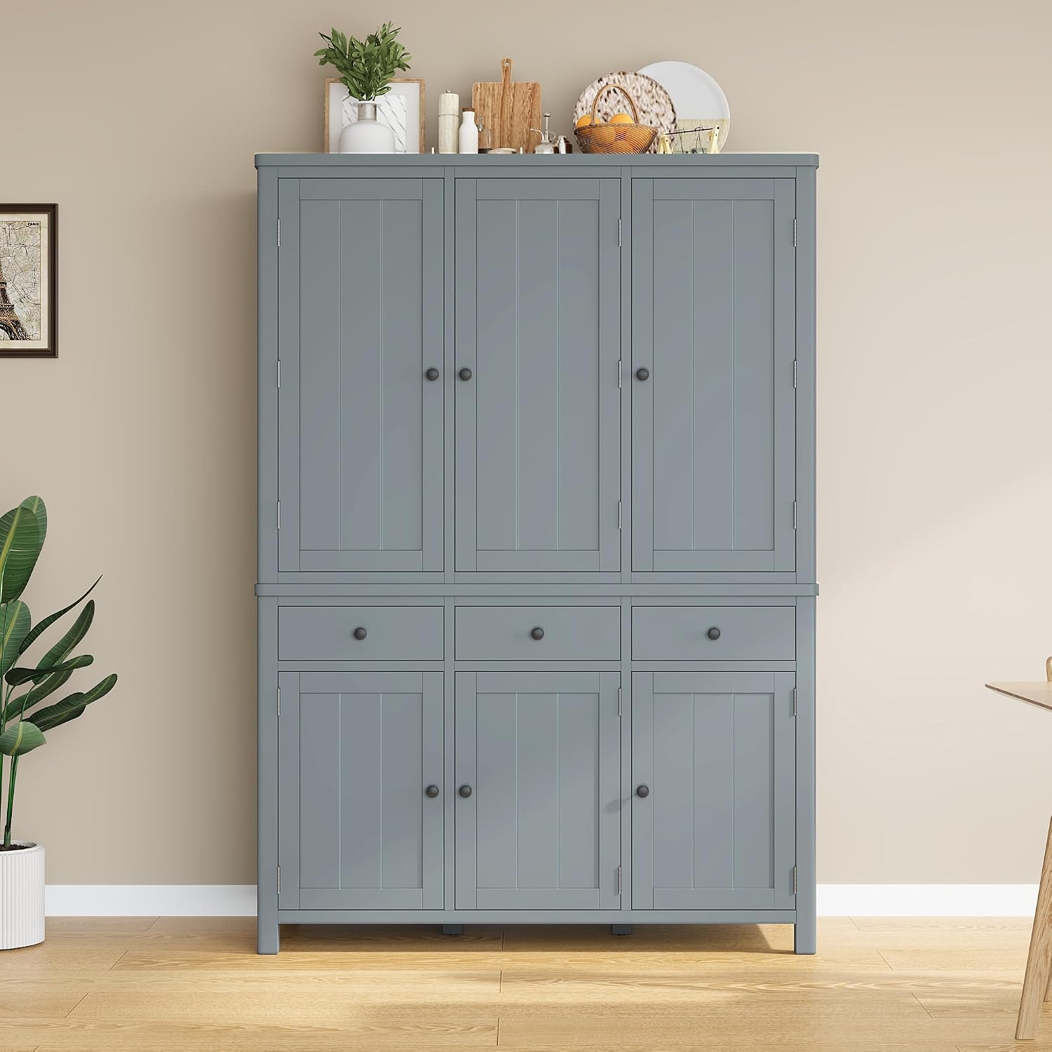Farmhouse 74.8''H High Freestanding Kitchen Pantry, 53''Lx20''W Wooden Large Cupboard Storage Cabinet with Door Shelves, Adjustable Shelves, Pull-Out Trays and Drawers (Gray-6ds)