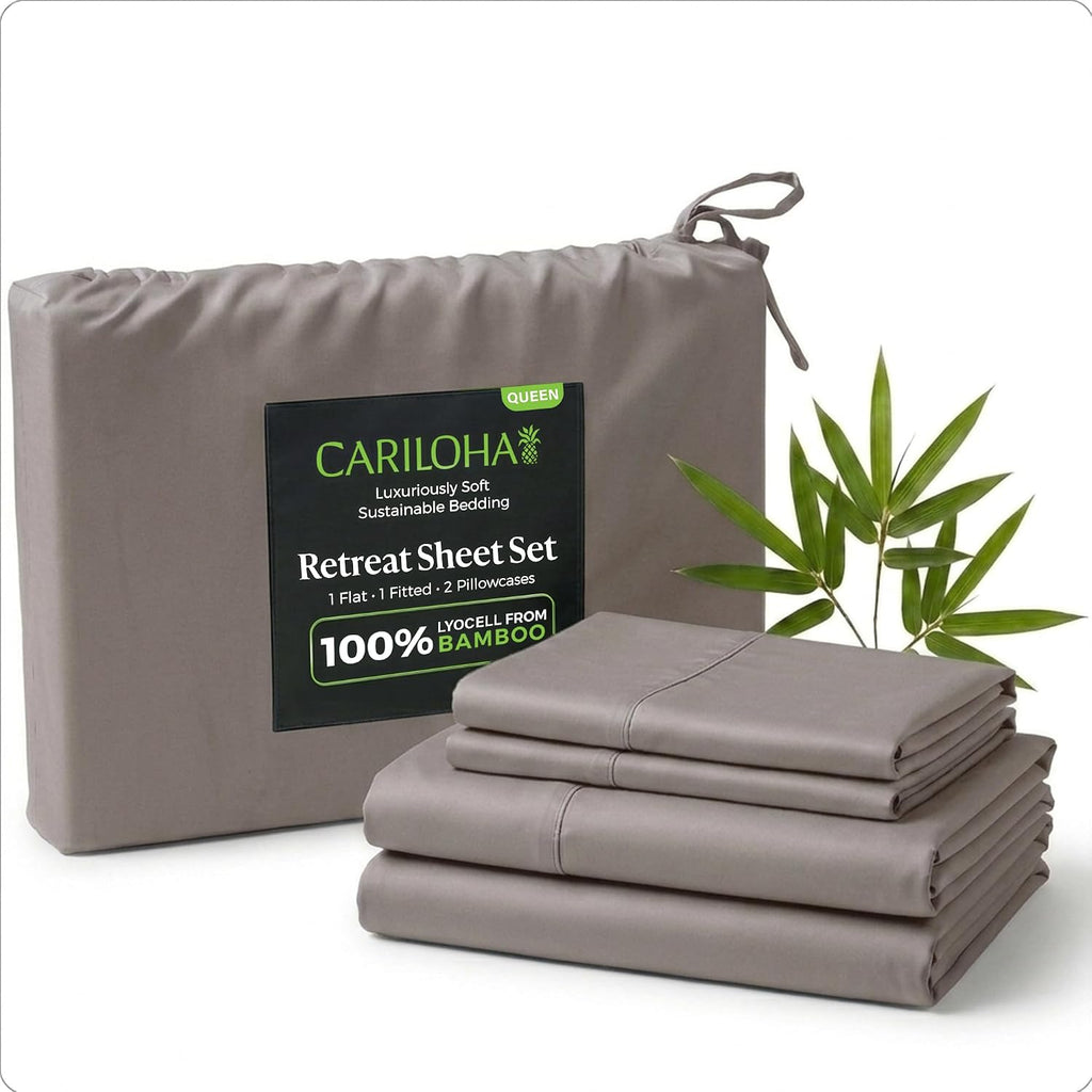 Cariloha Retreat 4-Piece Sateen Sheet Set | Coastal Gray | Queen | Lyocell Material | Breathable, Corner Straps, Extra Soft & Cooling