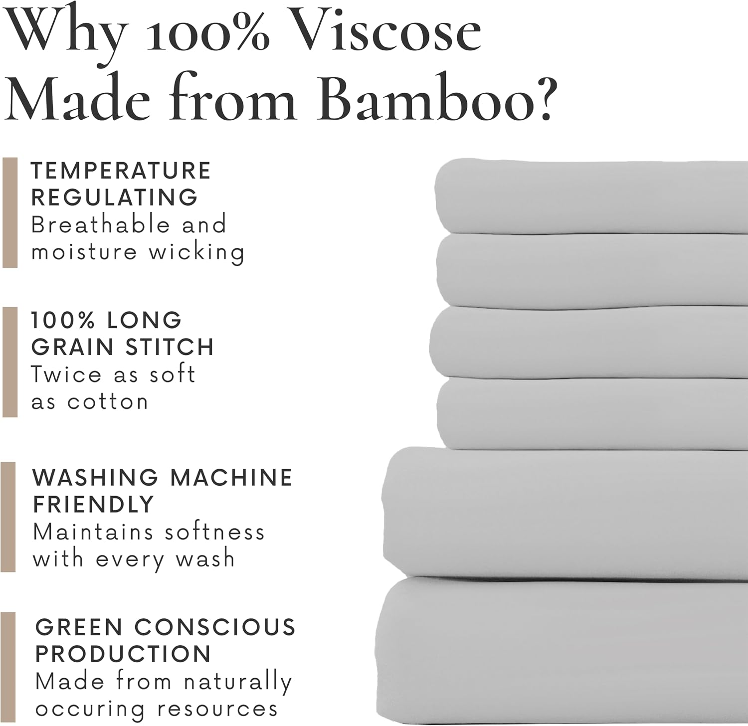 Bamboo Bay 6 Piece Queen Size Sheet Set, 100% Viscose Made from Bamboo, Breathable, Ultra Soft Cooling Bed Sheets for Hot Sleepers, Beddings with Deep Pockets Fit 16' Mattress, Light Grey