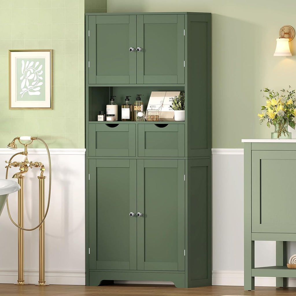Iwell 58' H Tall Bathroom Storage Cabinet with 2 Drawers & 2 Adjustable Shelves, Bathroom Cabinet with 4 Doors, Tall Cabinet for Living Room, Dining Room, Entryway, Forest Green