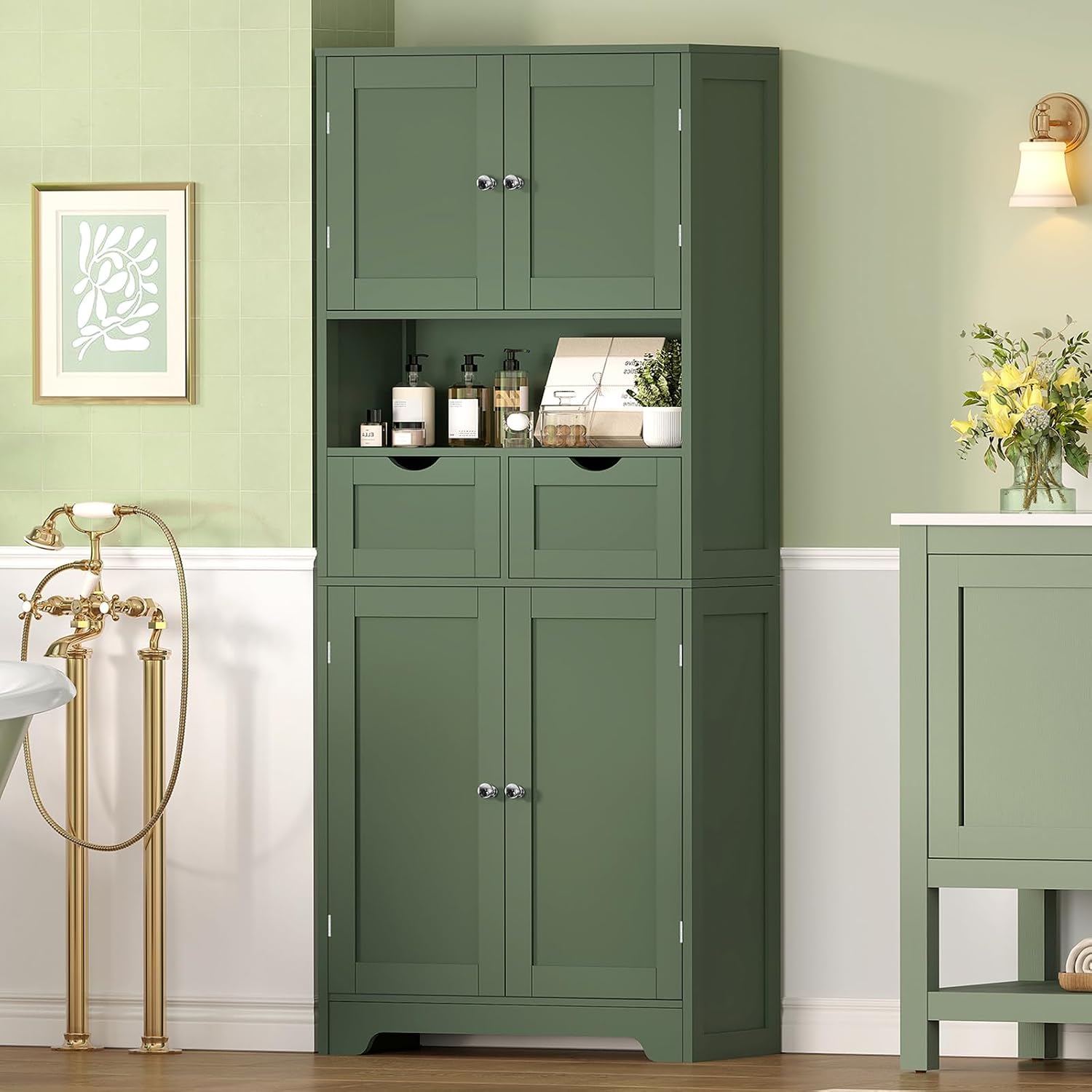 Iwell 58' H Tall Bathroom Storage Cabinet with 2 Drawers & 2 Adjustable Shelves, Bathroom Cabinet with 4 Doors, Tall Cabinet for Living Room, Dining Room, Entryway, Forest Green