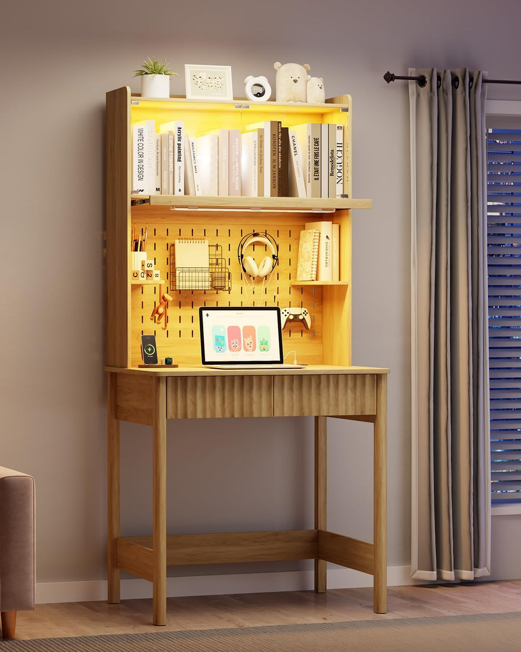 HNEBC Natural Computer Desk - with Power Outlets & Chariging Station,Small Writing Desk with Hutch and Drawers,66.3''H Office Desk with Pull-Out LED Lights,Pop-up Glass Door,Pegboards,Bedroom