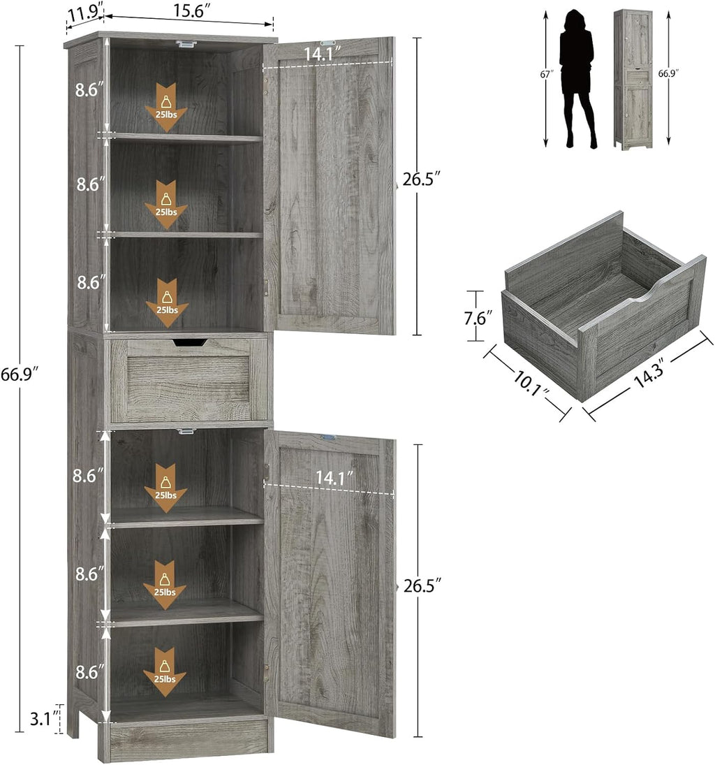 Iwell 67' Tall Bathroom Cabinet with Adjustable Shelves & 1 Drawer, Storage Cabinet with 2 Doors, Narrow Tall Cabinet, Floor Cabinet for Bathroom, Living Room, Home Office, Grey
