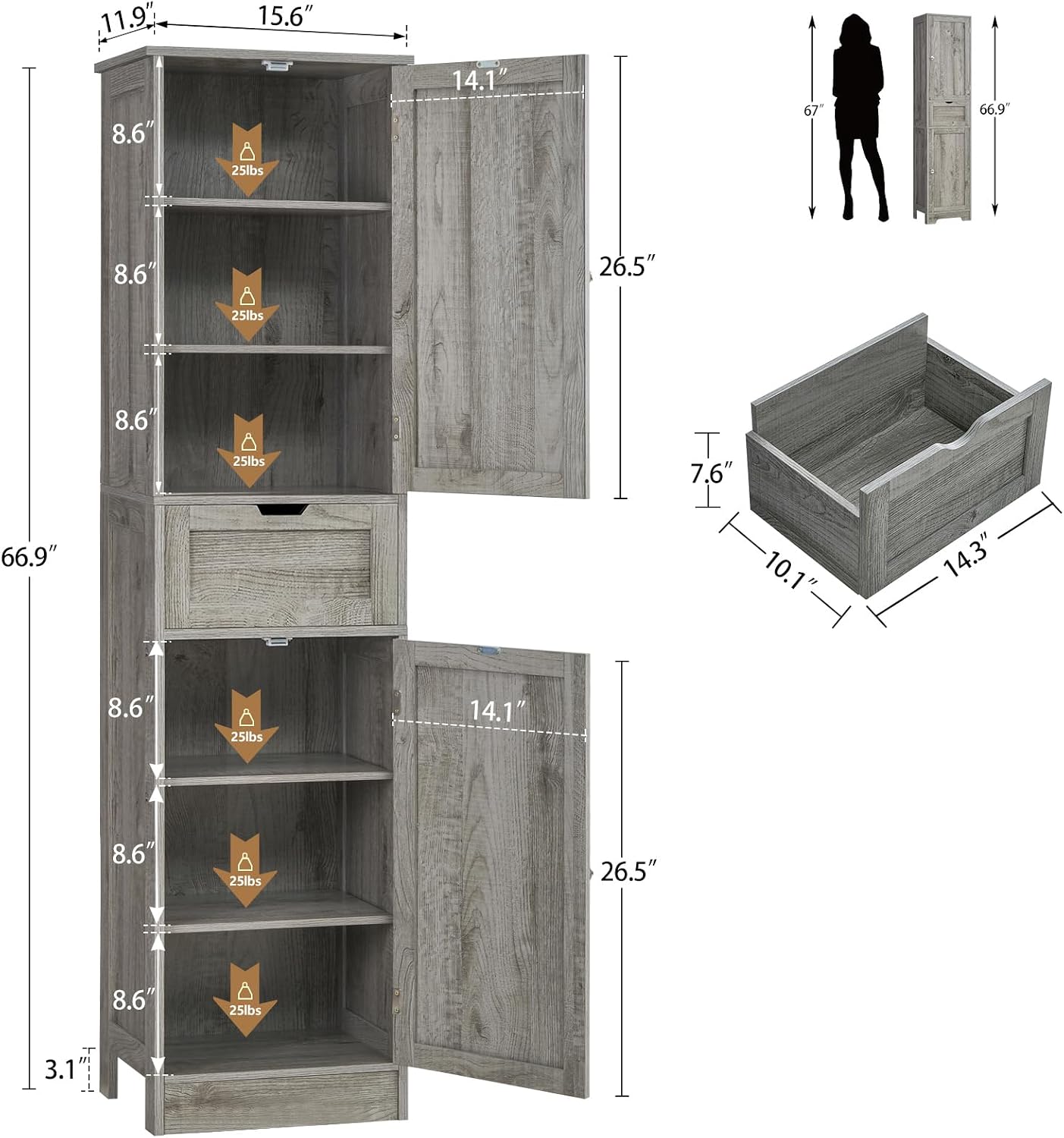 Iwell 67' Tall Bathroom Cabinet with Adjustable Shelves & 1 Drawer, Storage Cabinet with 2 Doors, Narrow Tall Cabinet, Floor Cabinet for Bathroom, Living Room, Home Office, Grey