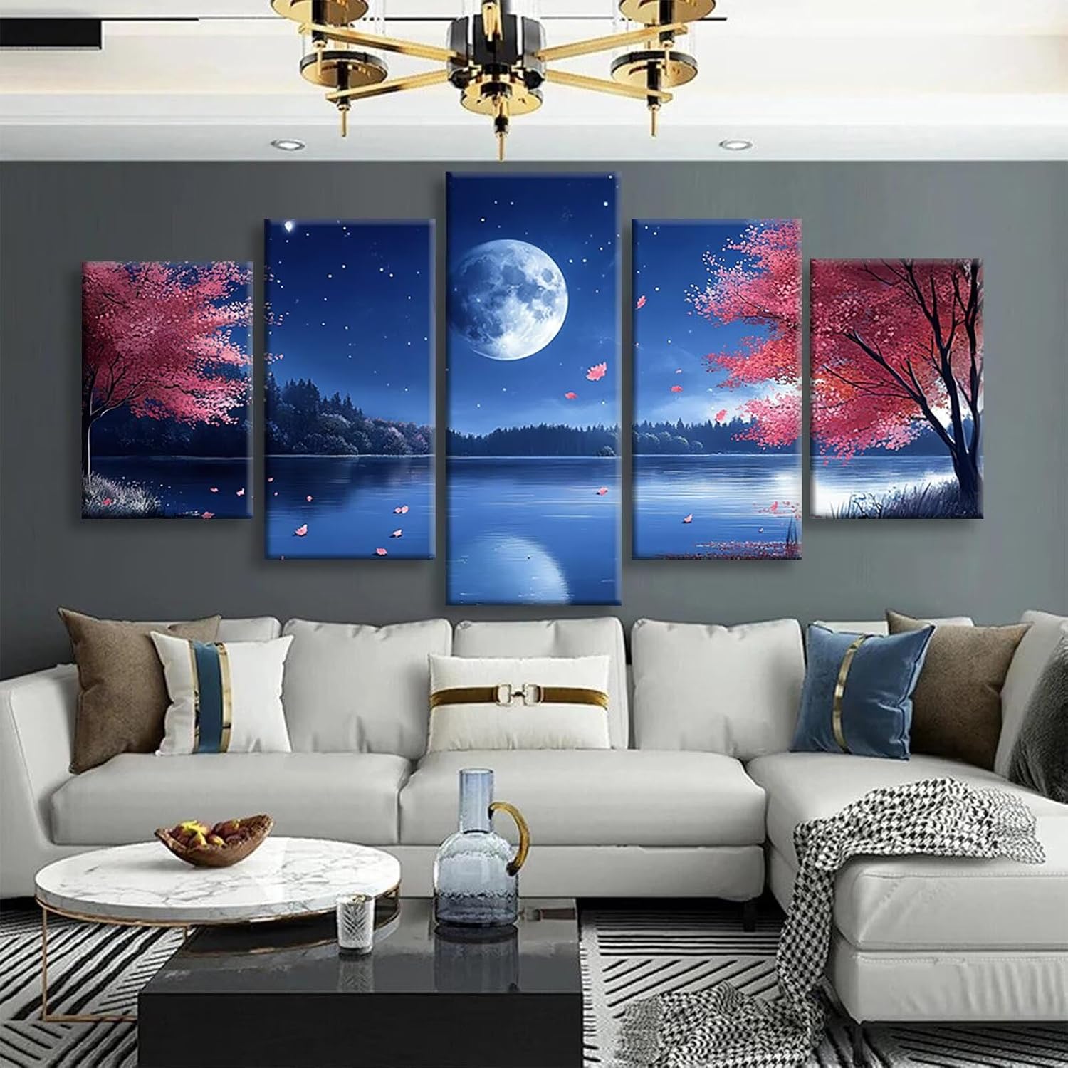 Cherry Blossoms Diamond Art 5 Piece Diamond Painting Moon 5D Full Square Drill Dimond Art Paintings Crystal Crafts for Adults Gem Painting for Home Decor, Large Artwork for Wall 44 x 90 Inch, Model414