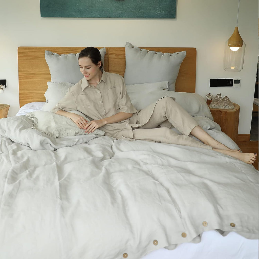 Simple&Opulence 100% Linen Duvet Cover Set 3pcs with Coconut Button Closure Natural French Washed Flax Solid Color Soft Breathable Farmhouse Bedding - Light Grey, Queen Size