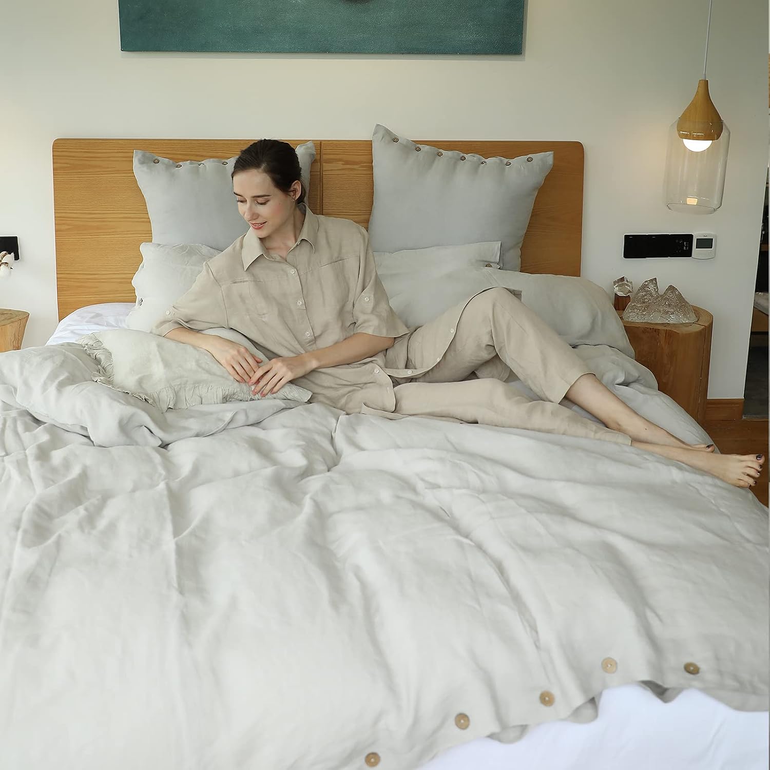 Simple&Opulence 100% Linen Duvet Cover Set 3pcs with Coconut Button Closure Natural French Washed Flax Solid Color Soft Breathable Farmhouse Bedding - Light Grey, Queen Size