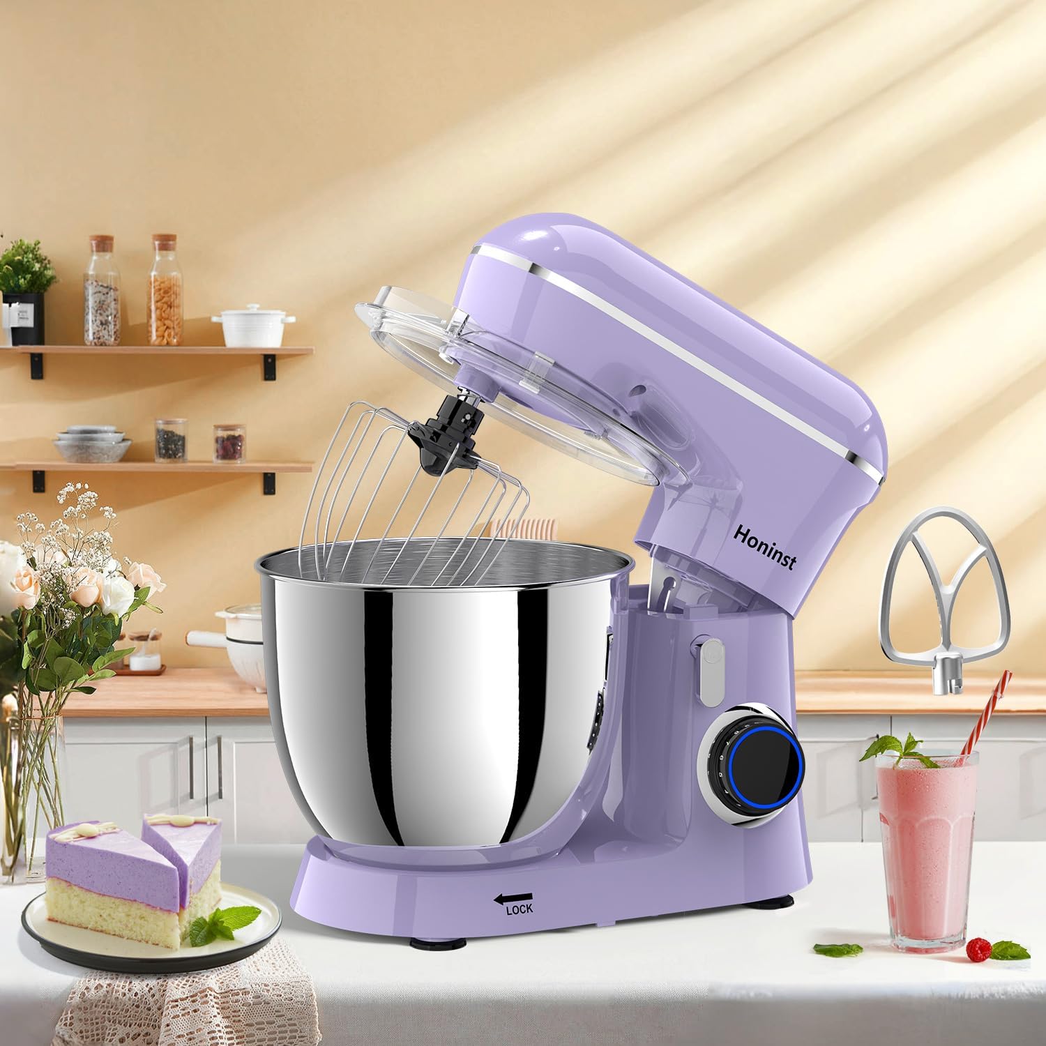 Honinst Stand Mixer, 6.5QT 10-Speed Tilt-Head Electric Stand Mixer, 3-In-1 Kitchen Mixer with Bowl, Dough Hook, Whisk and Beater, Food Mixer for Baking, Cake and Most Home Cooks, Purple