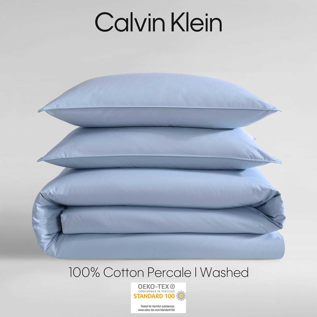 Calvin Klein - Queen Comforter Set, Modern Cotton Washed Percale Bedding with Matching Shams, Oeko-Tex Certified (Washed Percale Blue, Queen)