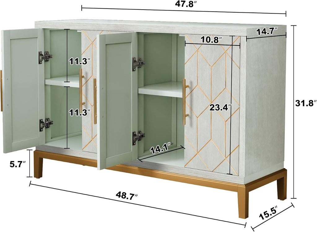 HLR 48' Accent Cabinet with 4 Doors and Shelves, Modern Credenza Storage Cabinet with Gold Trim, Green Buffet Cabinet for Living Room, Kitchen, Dining Room, Hallway