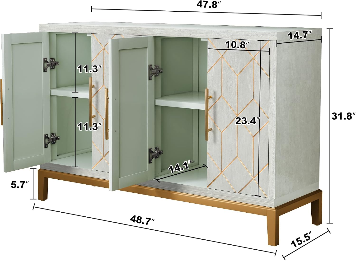 HLR 48' Accent Cabinet with 4 Doors and Shelves, Modern Credenza Storage Cabinet with Gold Trim, Green Buffet Cabinet for Living Room, Kitchen, Dining Room, Hallway