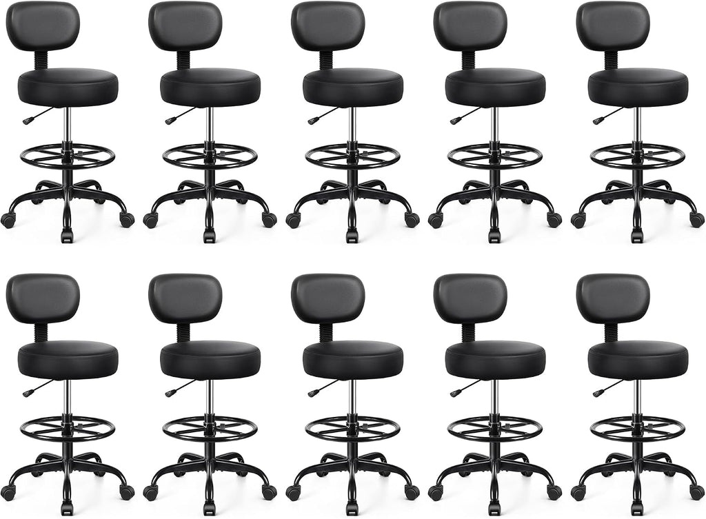Brick Attic Drafting Chair with Backrest – Adjustable Foot Rest Rolling Stool with Wheels, PU Leather Swivel Stool for Office Spa Studio Lab Counter Salon Home Work Bar Kitchen Shop(Black), Pack of 10