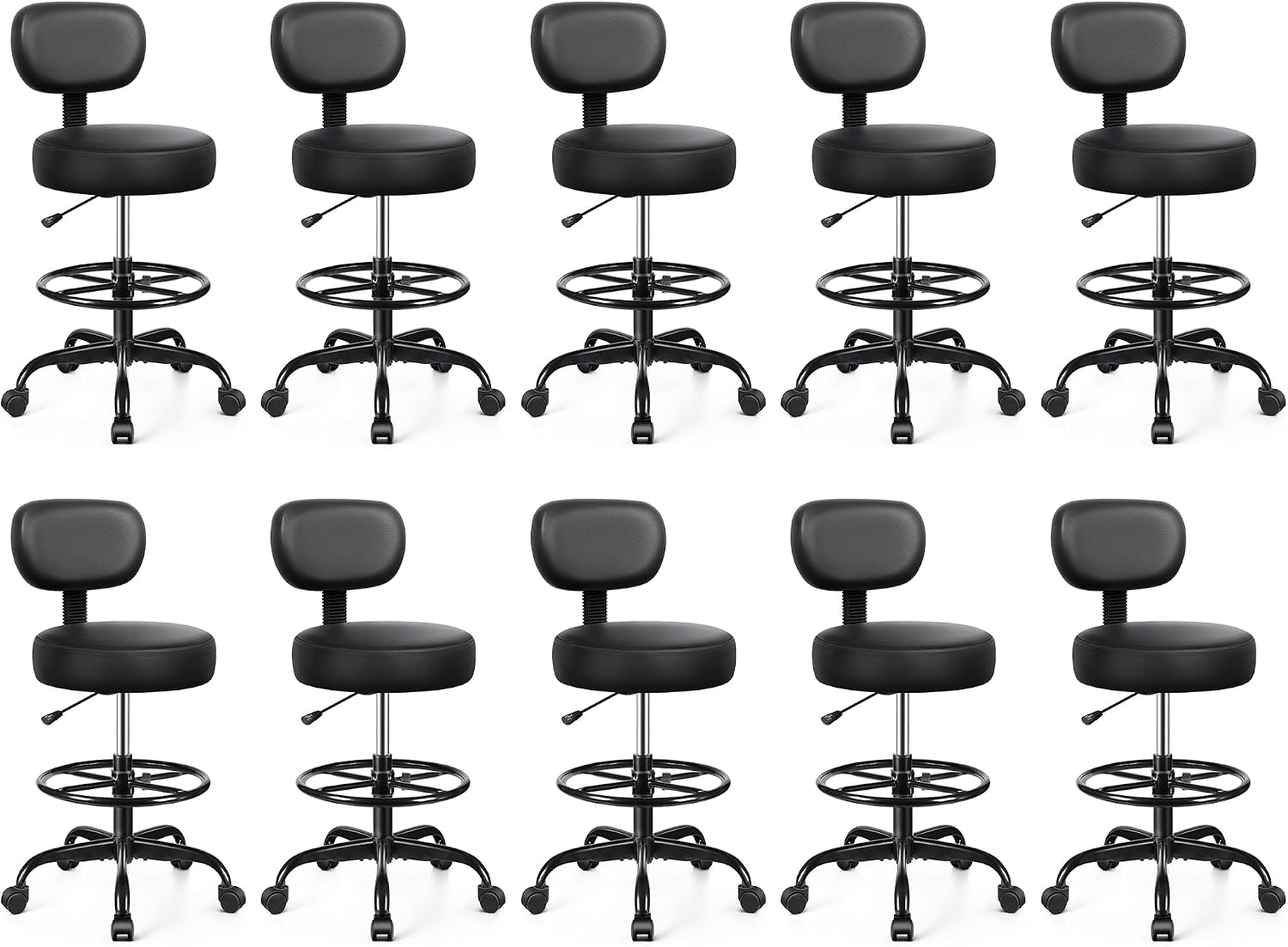 Brick Attic Drafting Chair with Backrest – Adjustable Foot Rest Rolling Stool with Wheels, PU Leather Swivel Stool for Office Spa Studio Lab Counter Salon Home Work Bar Kitchen Shop(Black), Pack of 10
