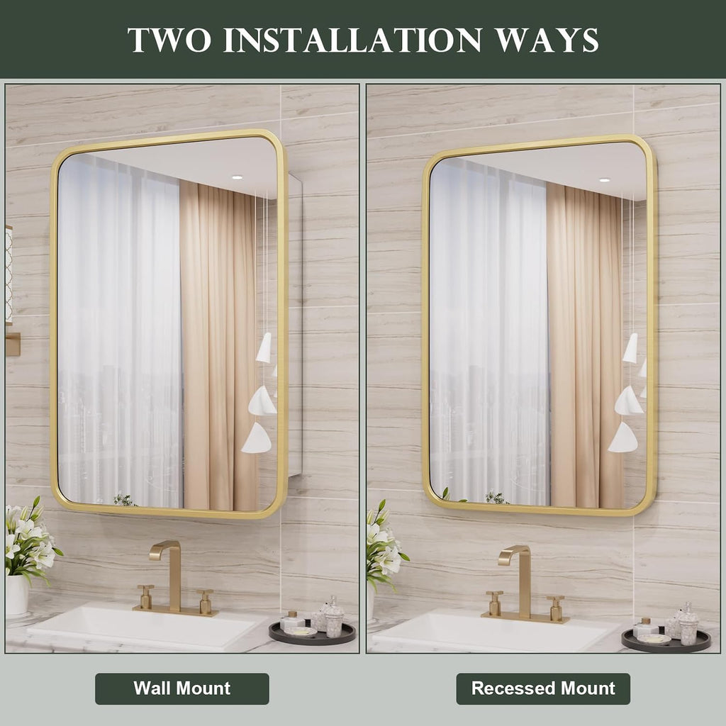 WallBeyond Bathroom Medicine Cabinet with Mirror, 16x24 Inch Gold Recessed Medicine Cabinet with Round Corner Aluminum Alloy Metal Framed.