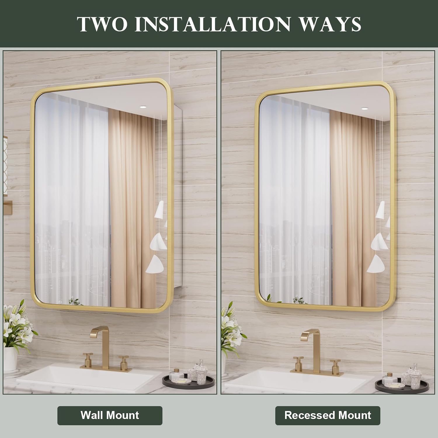 WallBeyond Bathroom Medicine Cabinet with Mirror, 16x24 Inch Gold Recessed Medicine Cabinet with Round Corner Aluminum Alloy Metal Framed.