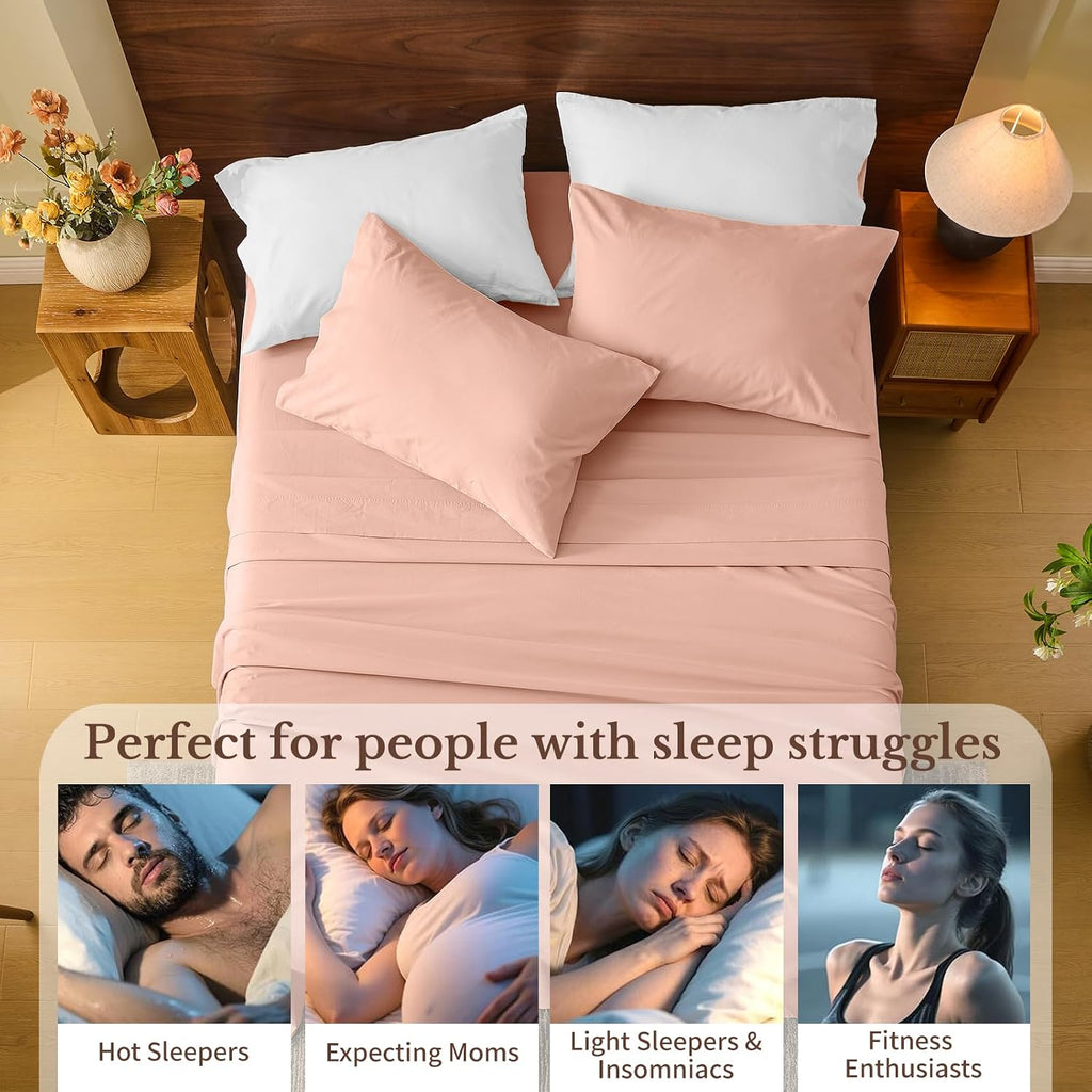 MEISHANG 100% French Pure Linen Sheets King Size - Bed Sheets 4 Piece Sets, Soft Durable Flax Linen, Anti-Tear Breathable Moisture Wicking with 16' Deep Pocket (Light Red)