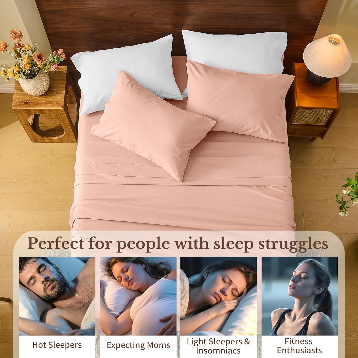 MEISHANG 100% French Pure Linen Sheets King Size - Bed Sheets 4 Piece Sets, Soft Durable Flax Linen, Anti-Tear Breathable Moisture Wicking with 16' Deep Pocket (Light Red)