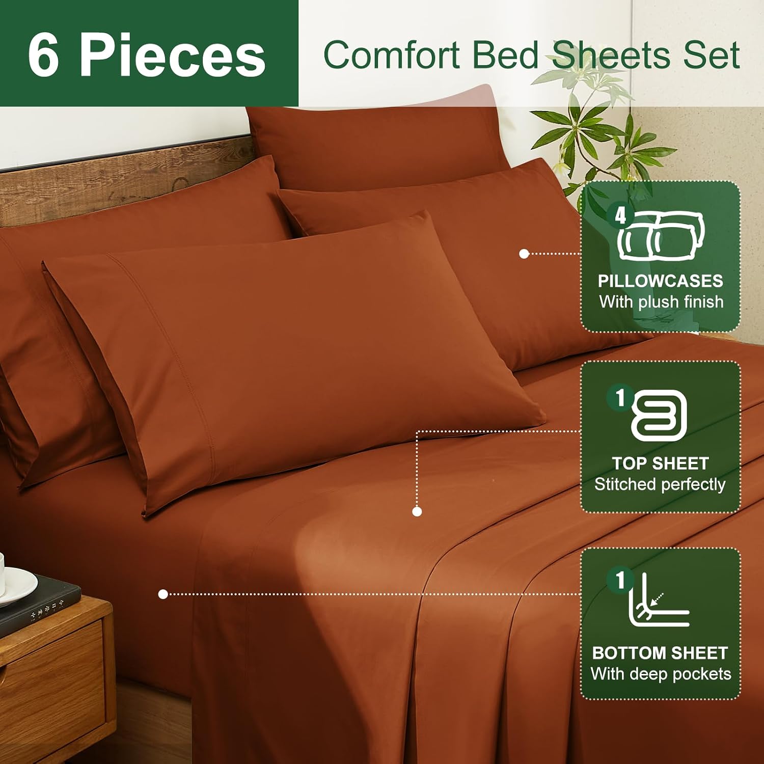 Ivellow 100% Egyptian Cotton Sheets King Size Set - 1200 Thread Count 6 PC 18' Deep Pocket King Size Bed Sheet Set，Durable Hotel Quality Luxury Soft Breathable Burnt Orange Cooling Sheet Sets Bedding