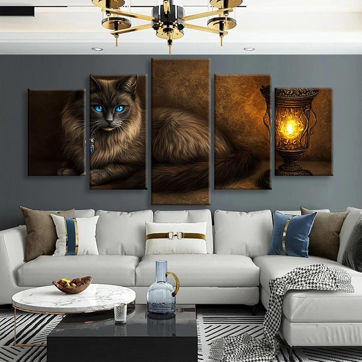 Cat Diamond Art 5 Piece Diamond Painting Animal 5D DIY Full Square Drill Dimond Art Paintings Rhinestones Crafts for Adults Gem Painting for Home Decor, Large Artwork for Wall 60 x 120 Inch, Model402