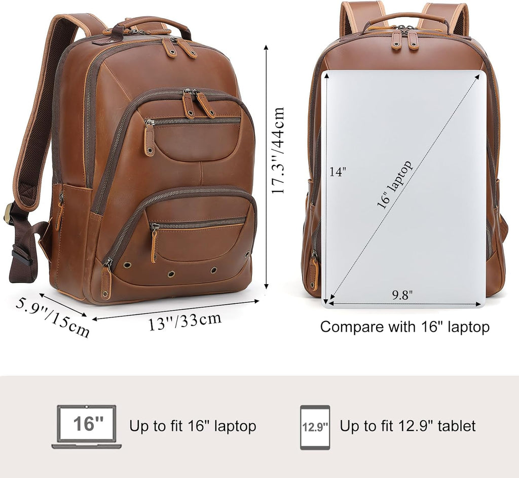 TIDING Leather Backpack for Men Fits 16' 15.6' Laptop, Vintage Business Travel Work Bag Large Overnight Weekender Daypack