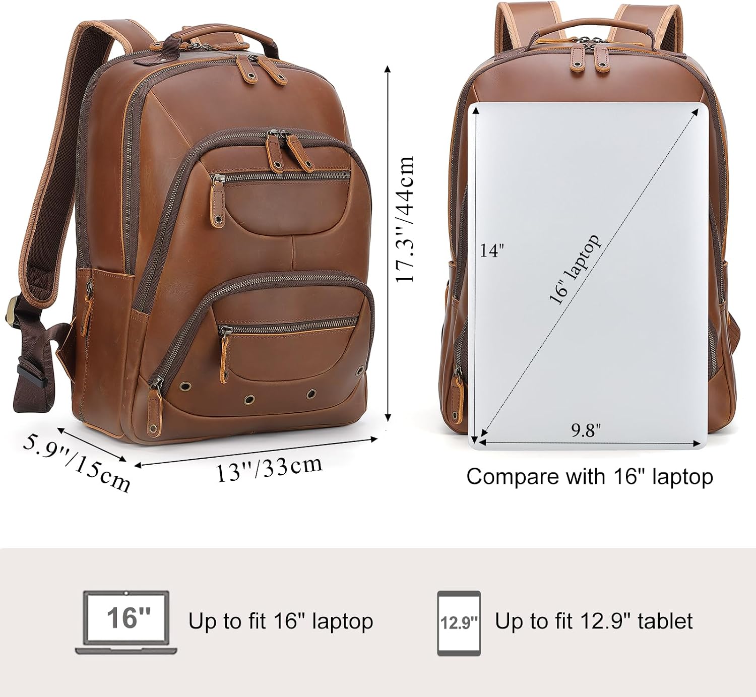 TIDING Leather Backpack for Men Fits 16' 15.6' Laptop, Vintage Business Travel Work Bag Large Overnight Weekender Daypack