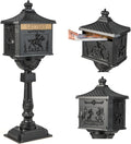 Goplus Mailbox Cast Aluminum with Post, Heavy Duty Locking Security Mail Box for House Outside, Vintage Postal Box with Keys & Baffle Door, Large, Freestanding, Post Mount