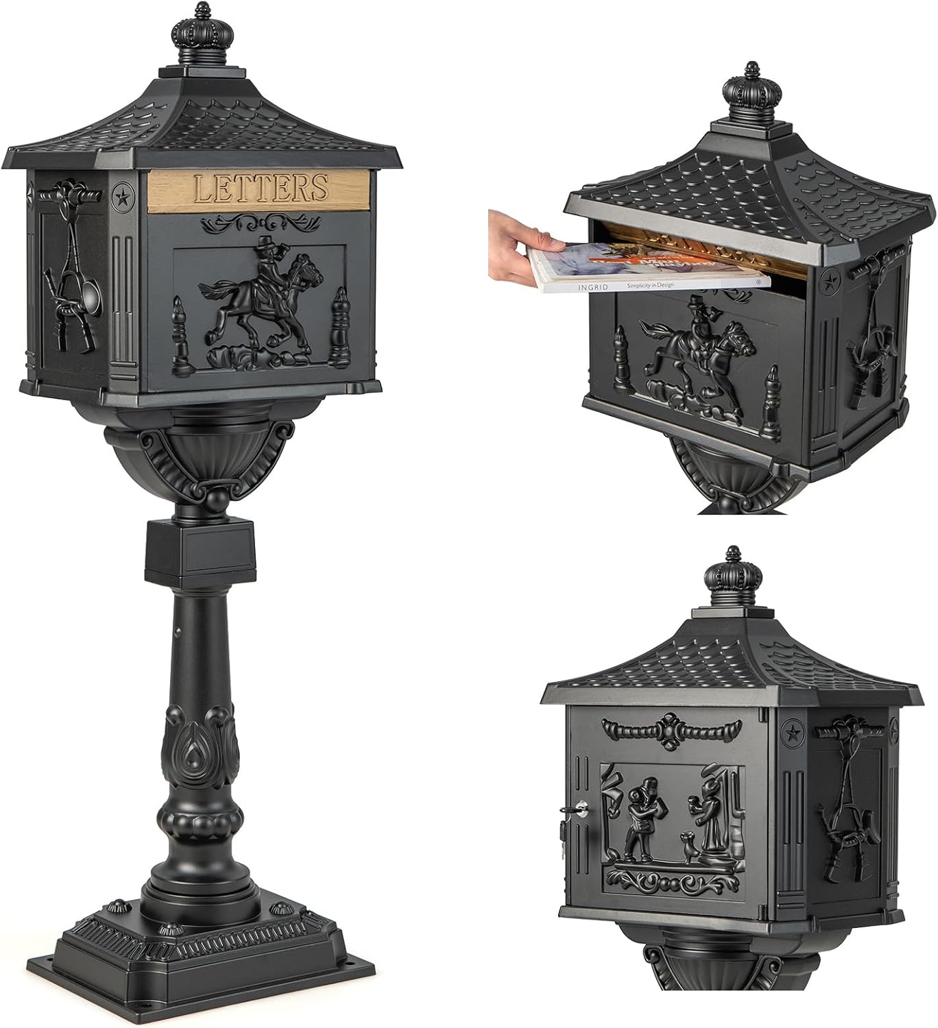 Goplus Mailbox Cast Aluminum with Post, Heavy Duty Locking Security Mail Box for House Outside, Vintage Postal Box with Keys & Baffle Door, Large, Freestanding, Post Mount