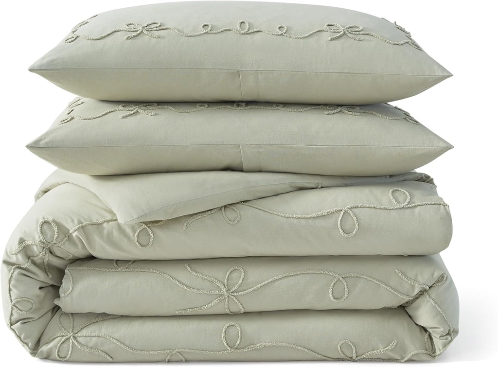 Peri Home Bows Duvet Cover Set 100% Cotton 3-Piece Bedding, Full/Queen, Green Sasha Bows