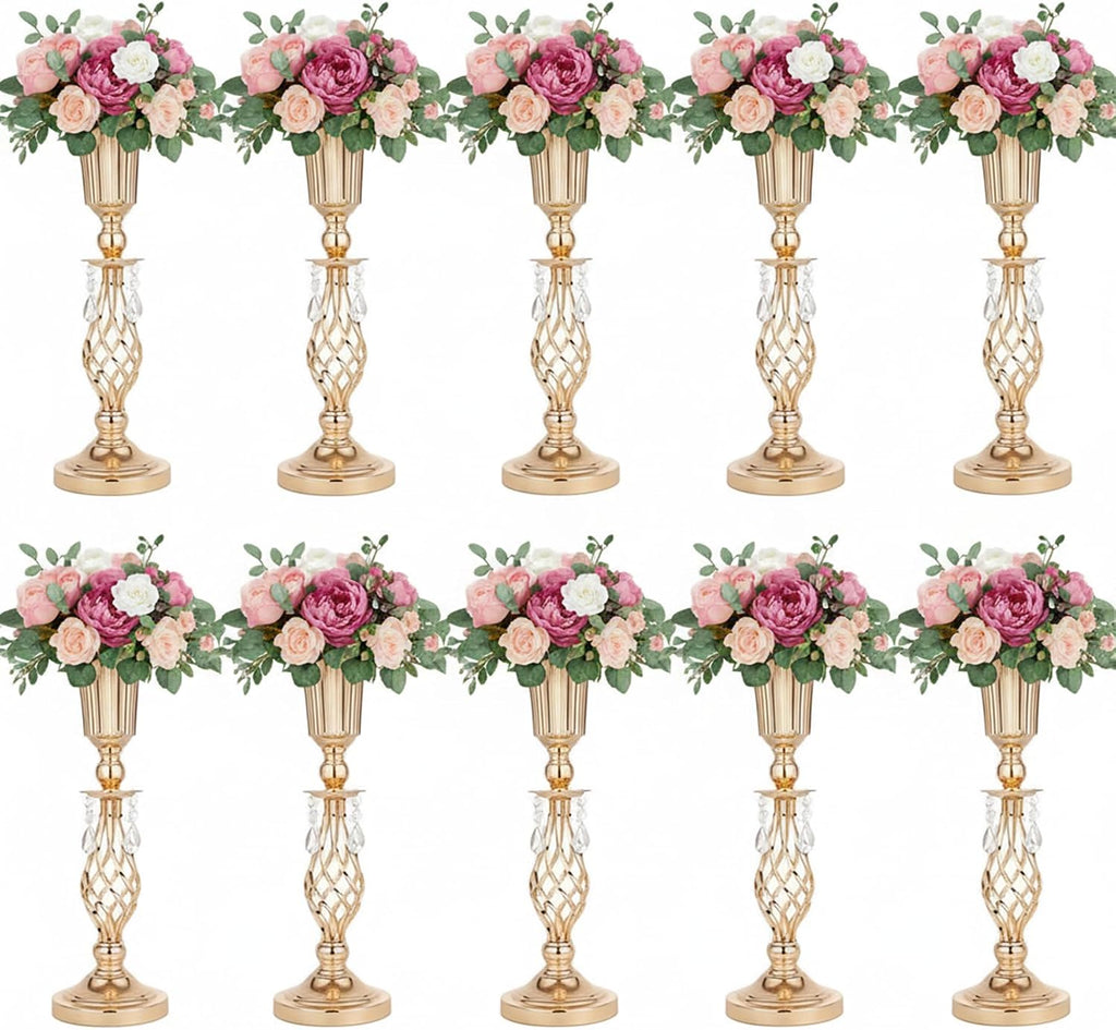 Pack of 10 Wedding Crystal Flower Vases: Elegant Floral Vases for Reception Centerpieces Parties Events, 20.2 inches Versatile Flower Arrangement & Candle Holder Stands