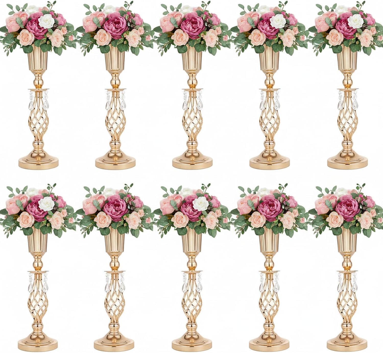 Pack of 10 Wedding Crystal Flower Vases: Elegant Floral Vases for Reception Centerpieces Parties Events, 20.2 inches Versatile Flower Arrangement & Candle Holder Stands