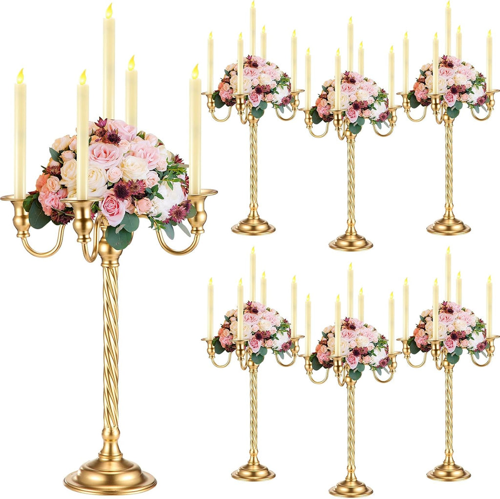 Tanlade 6 Pack Wedding Gold Candelabra Table Centerpieces 21 Inch Tall Candelabra Metal Candle Holder 5 Arm Taper Candlestick Flower Floor Candle Stand for Anniversaries Easter Birthday Holiday Party