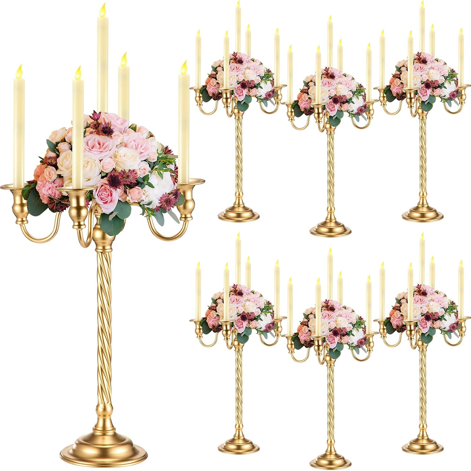 Tanlade 6 Pack Wedding Gold Candelabra Table Centerpieces 21 Inch Tall Candelabra Metal Candle Holder 5 Arm Taper Candlestick Flower Floor Candle Stand for Anniversaries Easter Birthday Holiday Party