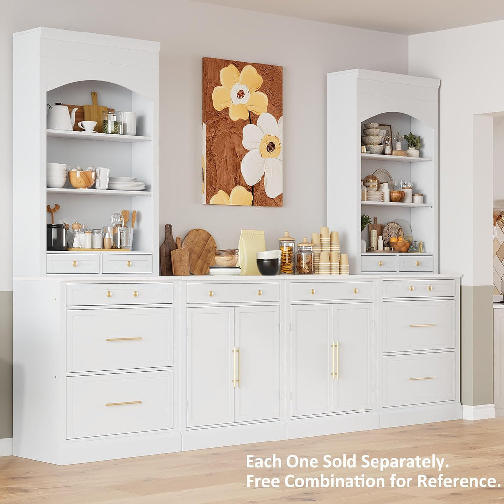 Modern 83.7inch High Kitchen Pantry, Freestanding Tall Kitchen Hutch with Faux Marble Top, Cupboard Cabinet with 5 Storage Drawers and Adjustable Shelf (White-4)